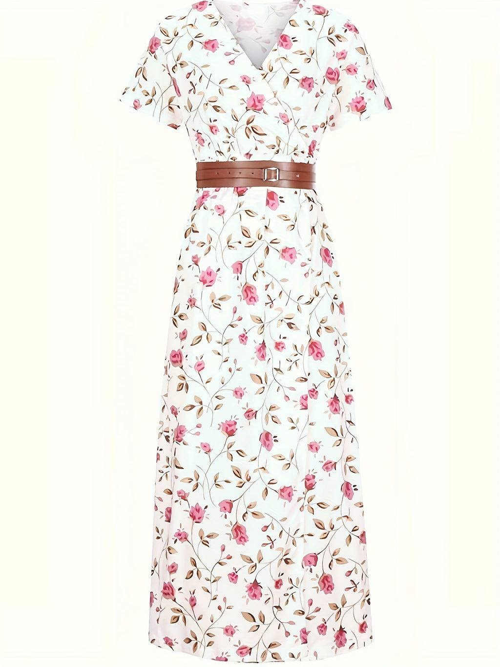 2020 Fashion, Trendy Bohemian Printed V-Neck Maxi Dress with Belt, Adult, Polyester, Elegant, Summer, Peplum, Woven