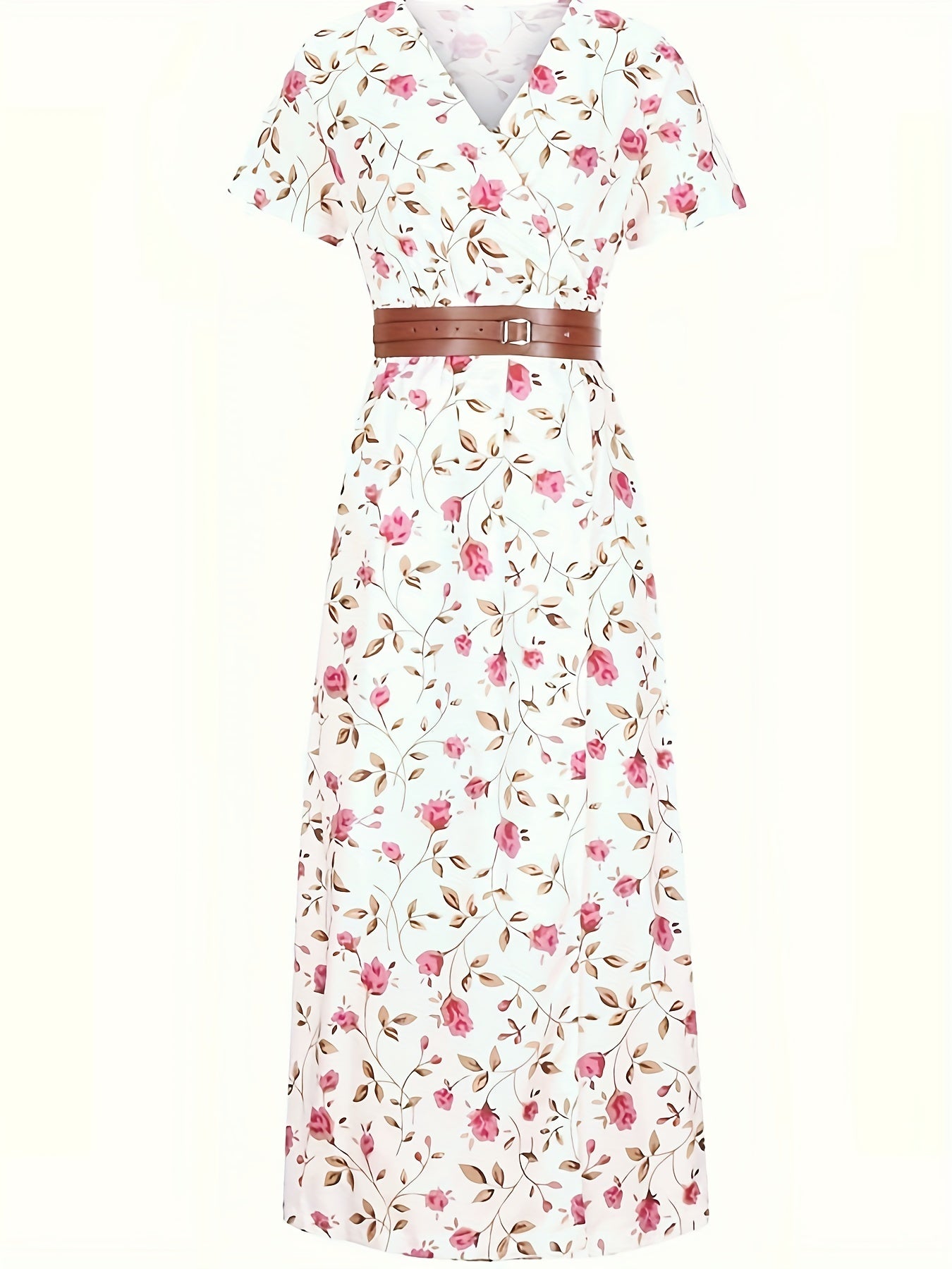 2020 Fashion, Trendy Bohemian Printed V-Neck Maxi Dress with Belt, Adult, Polyester, Elegant, Summer, Peplum, Woven