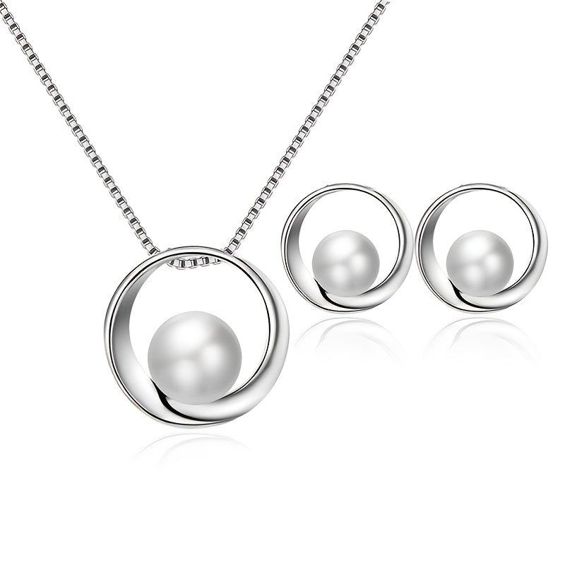 Fashion Simple Faux Pearl Necklace Pendant Round Earrings Jewelry Set Men Women Gifts