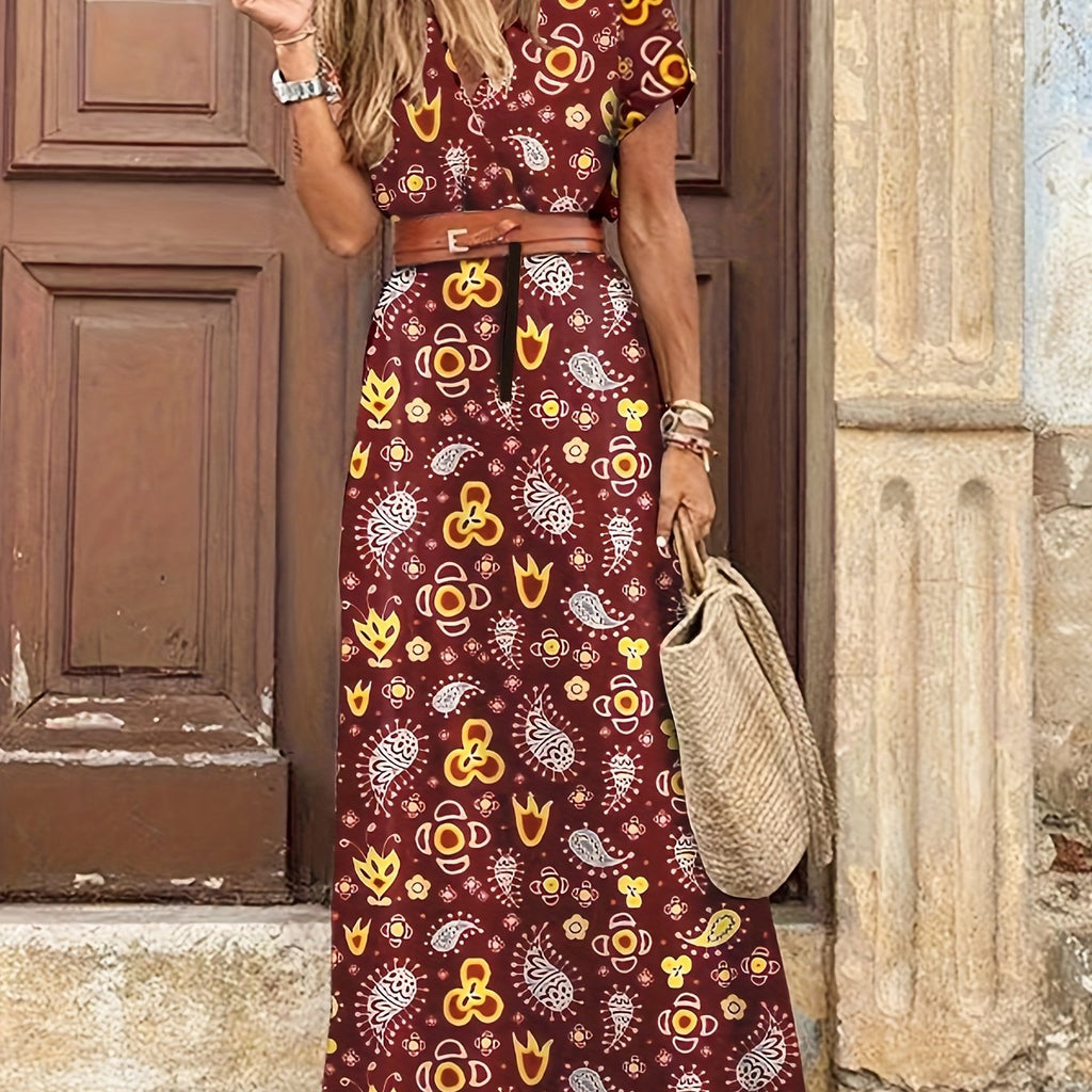 2020 Fashion, Trendy Bohemian Printed V-Neck Maxi Dress with Belt, Adult, Polyester, Elegant, Summer, Peplum, Woven