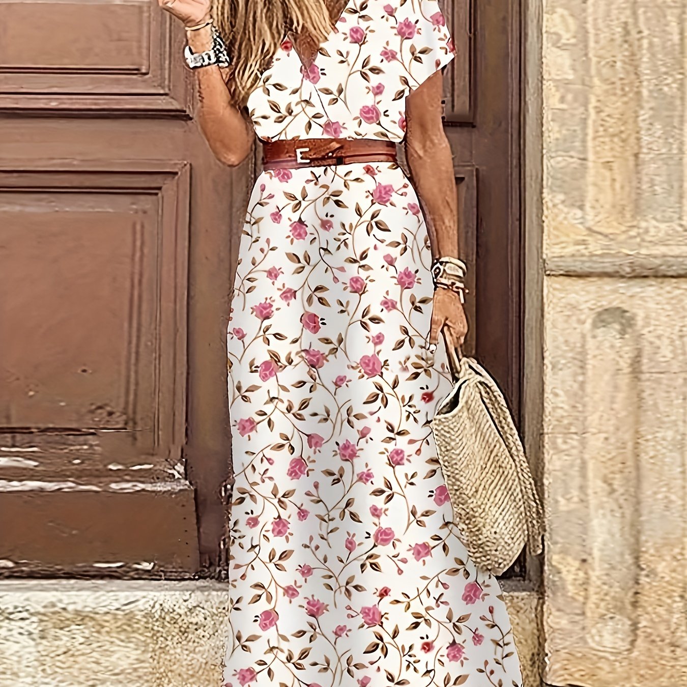 2020 Fashion, Trendy Bohemian Printed V-Neck Maxi Dress with Belt, Adult, Polyester, Elegant, Summer, Peplum, Woven