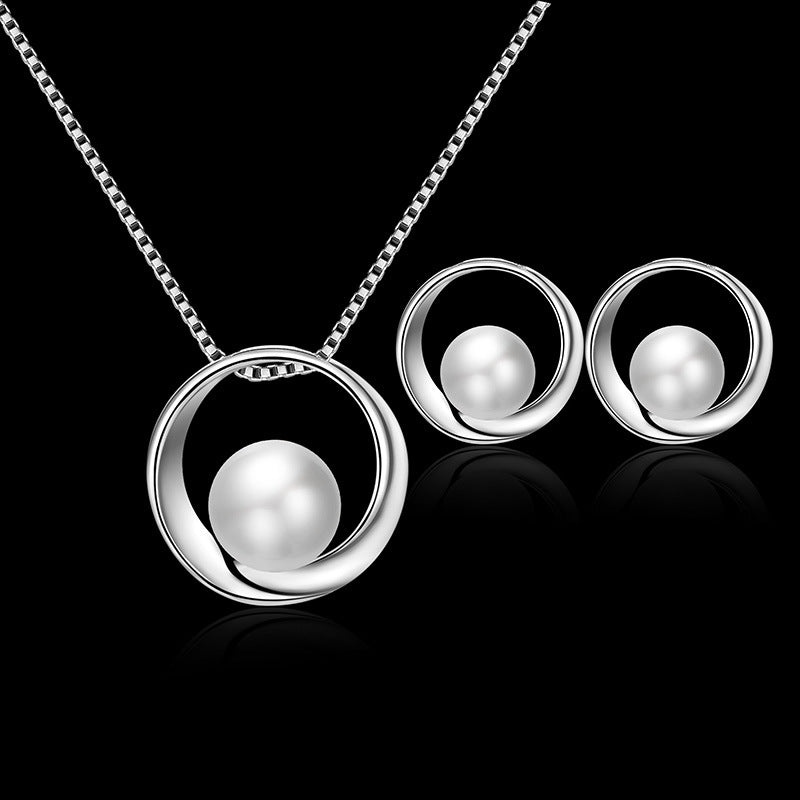 Fashion Simple Faux Pearl Necklace Pendant Round Earrings Jewelry Set Men Women Gifts