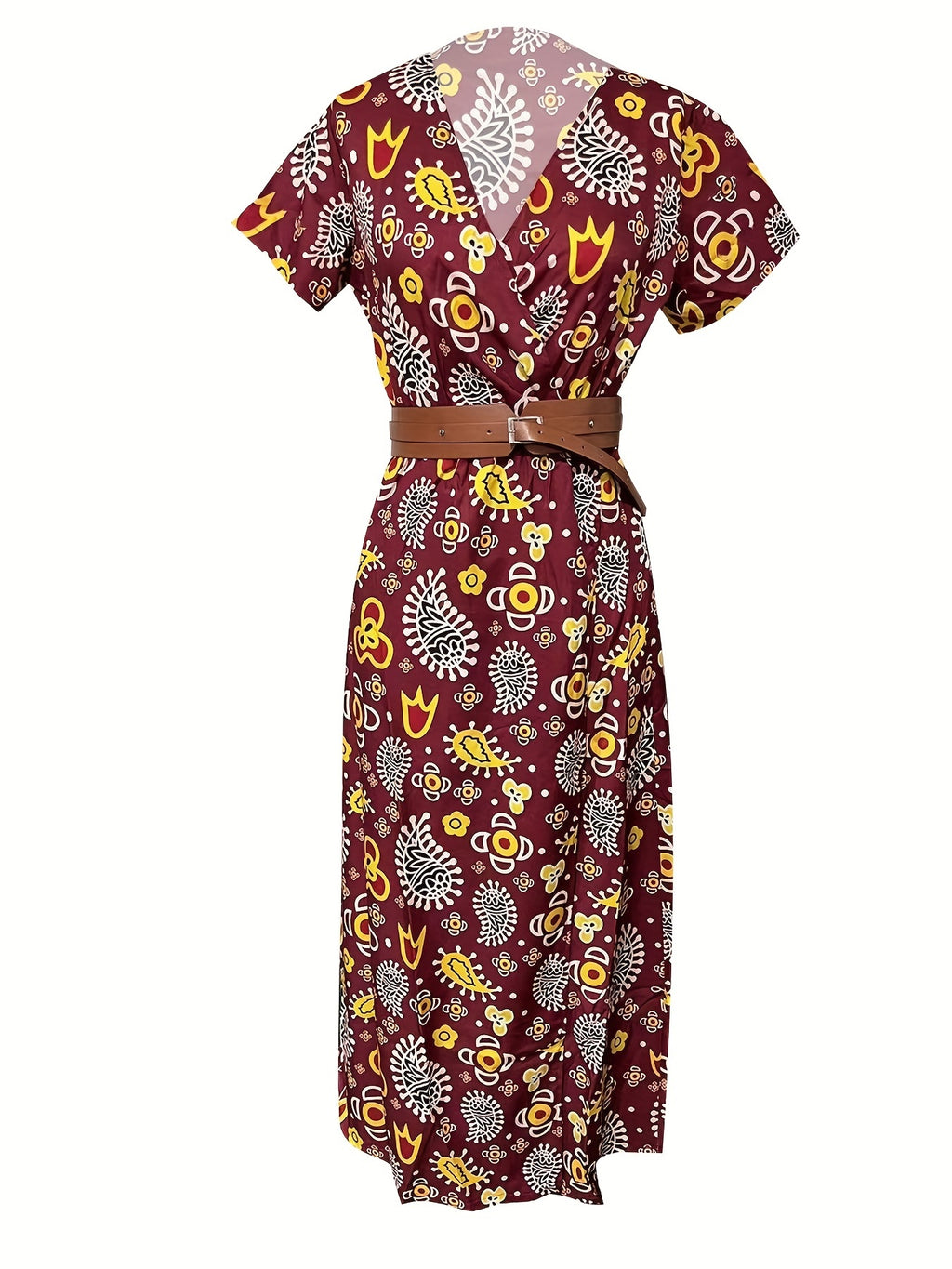 2020 Fashion, Trendy Bohemian Printed V-Neck Maxi Dress with Belt, Adult, Polyester, Elegant, Summer, Peplum, Woven