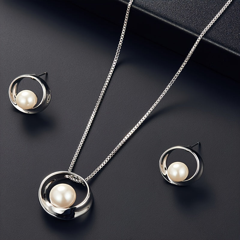Fashion Simple Faux Pearl Necklace Pendant Round Earrings Jewelry Set Men Women Gifts