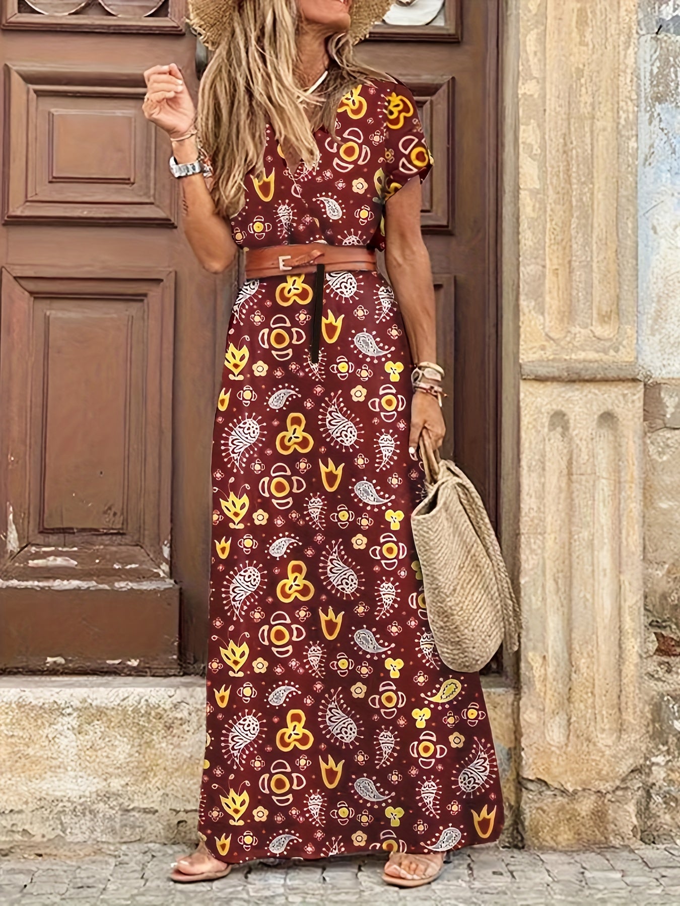 2020 Fashion, Trendy Bohemian Printed V-Neck Maxi Dress with Belt, Adult, Polyester, Elegant, Summer, Peplum, Woven