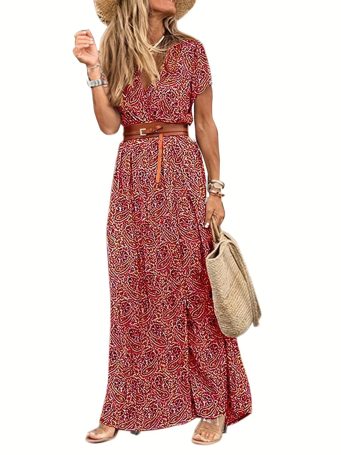 2020 Fashion, Trendy Bohemian Printed V-Neck Maxi Dress with Belt, Adult, Polyester, Elegant, Summer, Peplum, Woven