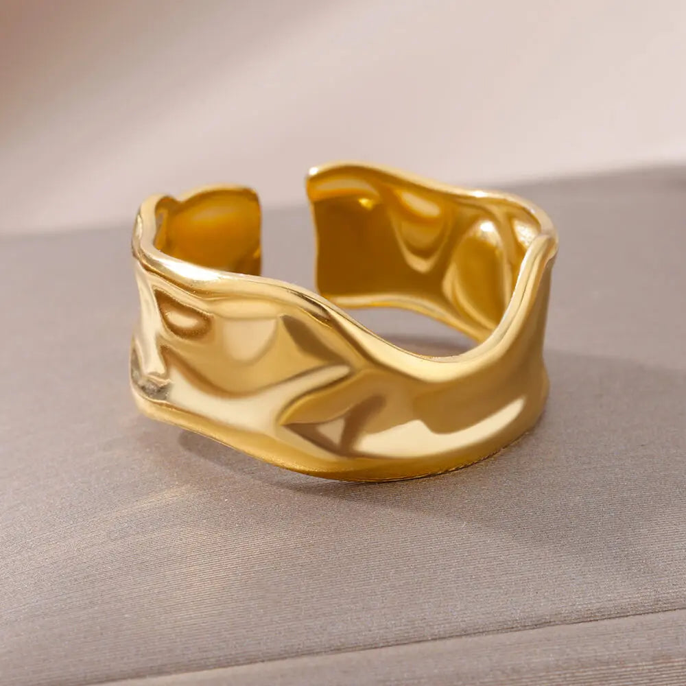 Minimalist wave Stainless Steel Rings For Women Gold plating Adjustable Finger Rings 2025 New Trends Jewelry Accessories