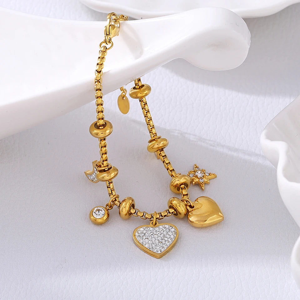 316L Stainless Steel Heart Charm Bracelets For Women 18k Gold Plated Various Pendants With Shining Zircon Women's Hand Bracelet