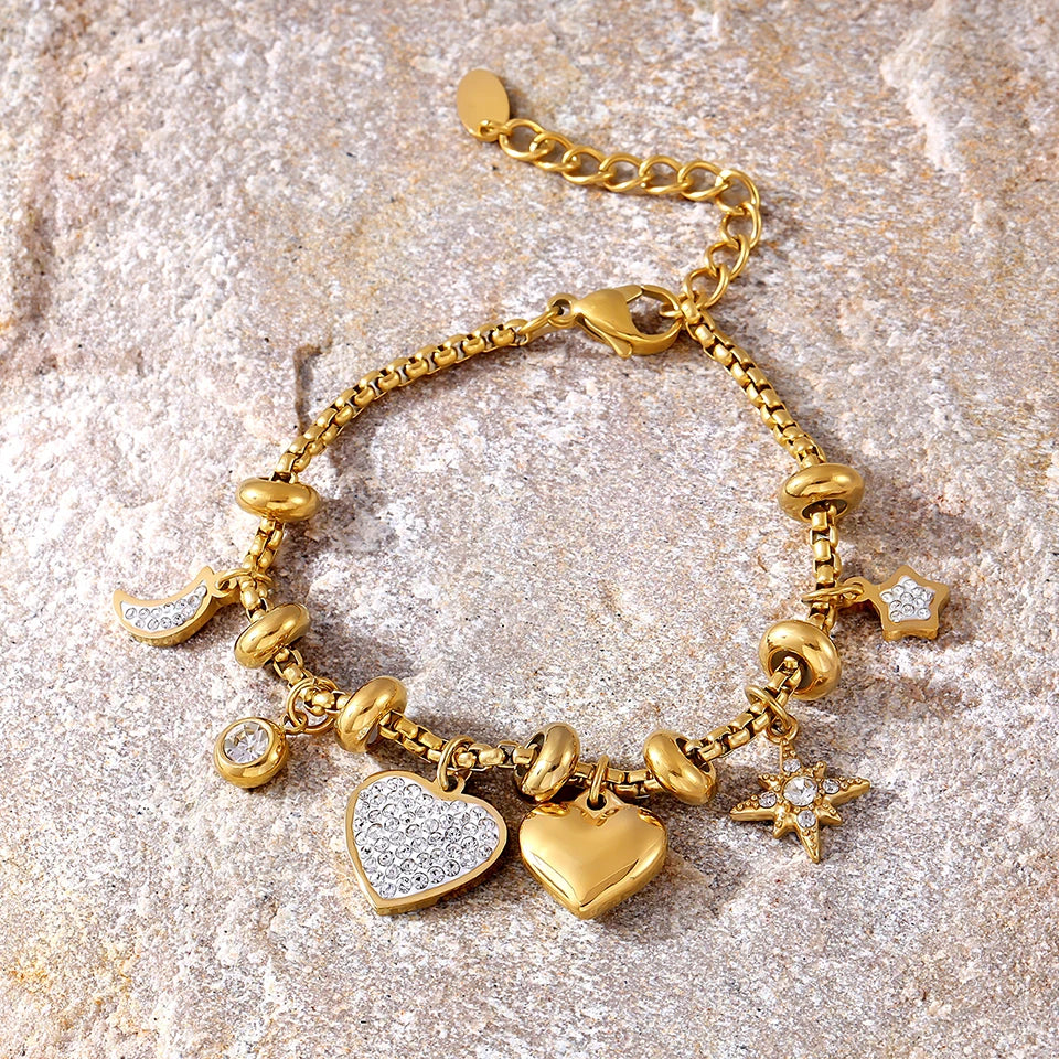316L Stainless Steel Heart Charm Bracelets For Women 18k Gold Plated Various Pendants With Shining Zircon Women's Hand Bracelet