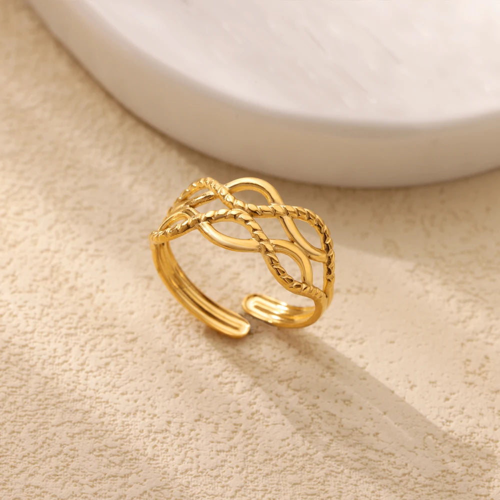 Minimalist wave Stainless Steel Rings For Women Gold plating Adjustable Finger Rings 2025 New Trends Jewelry Accessories