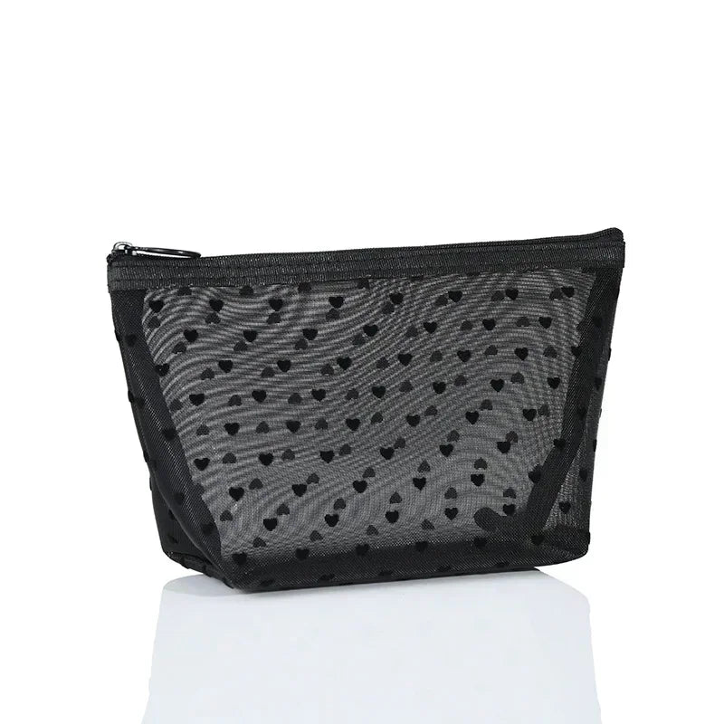 Nylon Mesh Cosmetic Bag Zipper Heart Shaped Toiletry Organizer Makeup Bags Multifunctional Women Lipstick Key Coin Purse Pouch