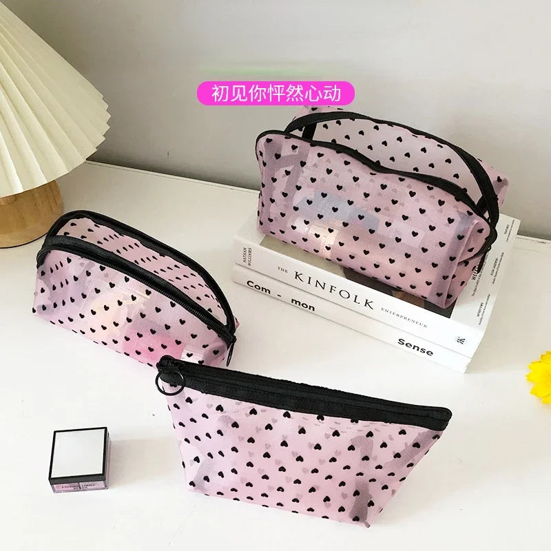 Nylon Mesh Cosmetic Bag Zipper Heart Shaped Toiletry Organizer Makeup Bags Multifunctional Women Lipstick Key Coin Purse Pouch