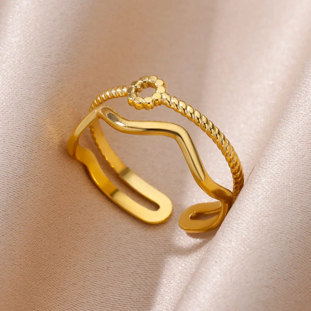 Minimalist wave Stainless Steel Rings For Women Gold plating Adjustable Finger Rings 2025 New Trends Jewelry Accessories