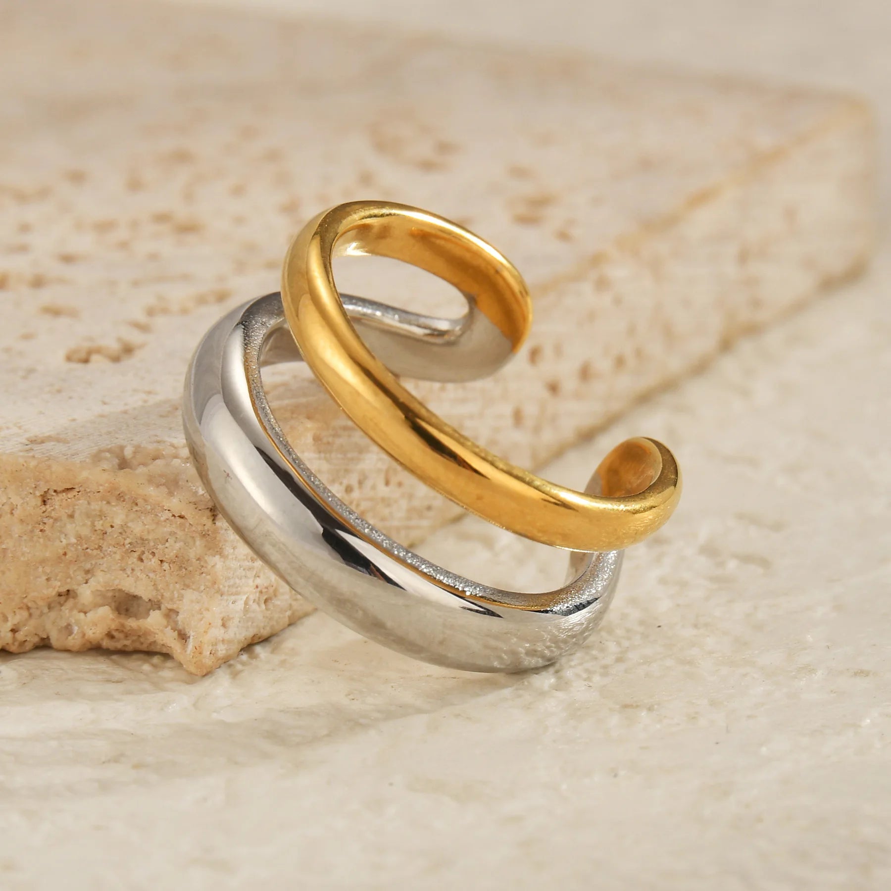 Seakissky Fashion Gold Silver Mixed Color Double-layer Open Ring Stainless Steel Unique High-quality Jewelry Gifts For Women Men