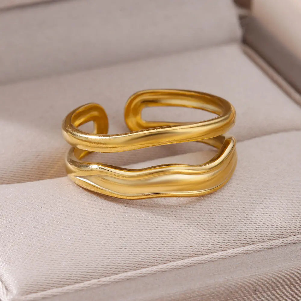 Minimalist wave Stainless Steel Rings For Women Gold plating Adjustable Finger Rings 2025 New Trends Jewelry Accessories