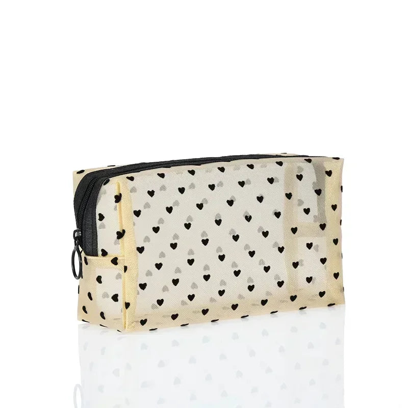 Nylon Mesh Cosmetic Bag Zipper Heart Shaped Toiletry Organizer Makeup Bags Multifunctional Women Lipstick Key Coin Purse Pouch