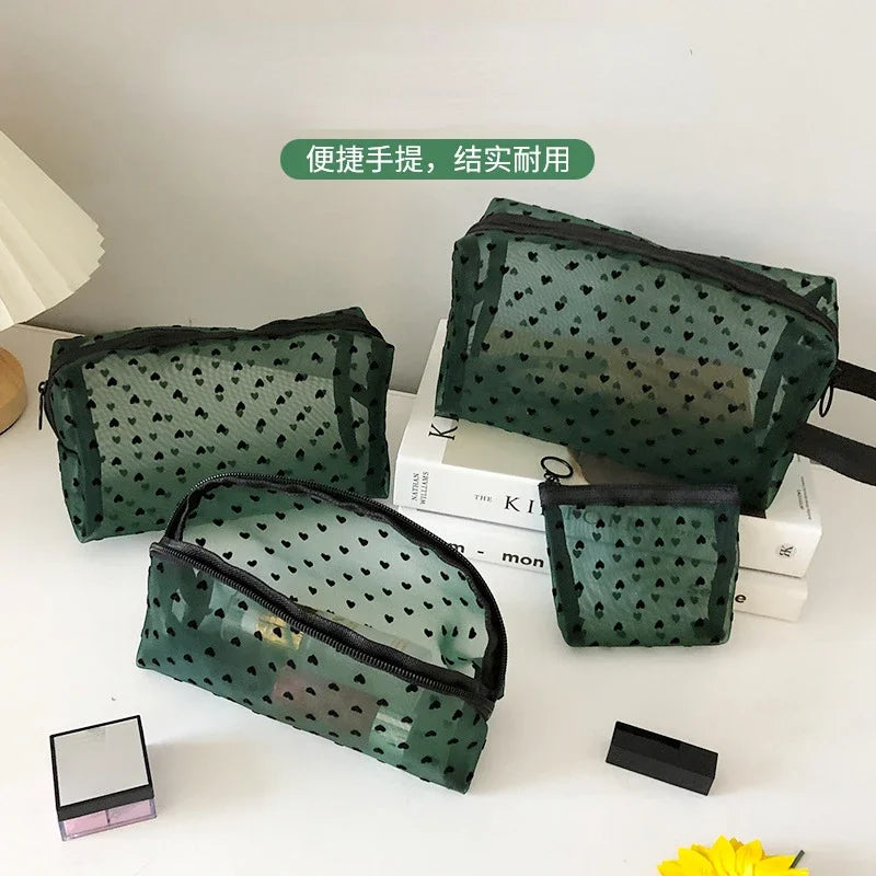 Nylon Mesh Cosmetic Bag Zipper Heart Shaped Toiletry Organizer Makeup Bags Multifunctional Women Lipstick Key Coin Purse Pouch