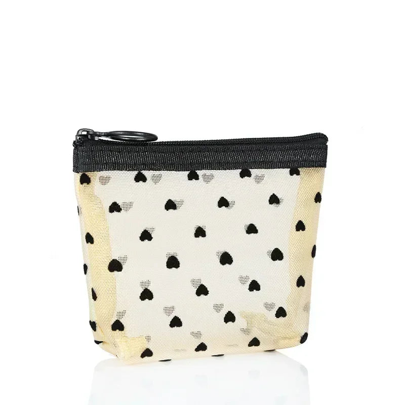 Nylon Mesh Cosmetic Bag Zipper Heart Shaped Toiletry Organizer Makeup Bags Multifunctional Women Lipstick Key Coin Purse Pouch