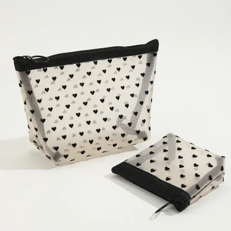 Nylon Mesh Cosmetic Bag Zipper Heart Shaped Toiletry Organizer Makeup Bags Multifunctional Women Lipstick Key Coin Purse Pouch