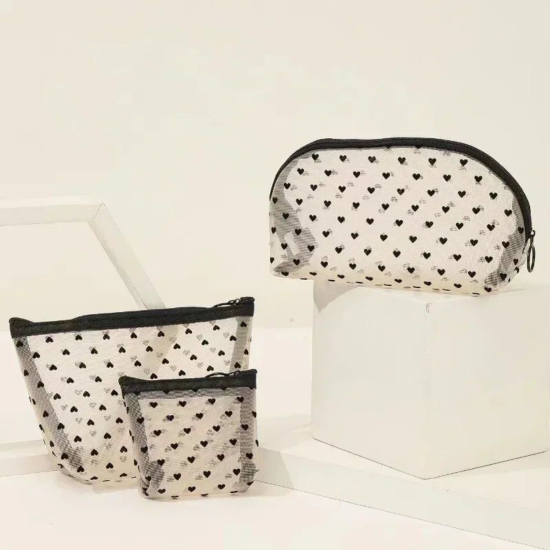 Nylon Mesh Cosmetic Bag Zipper Heart Shaped Toiletry Organizer Makeup Bags Multifunctional Women Lipstick Key Coin Purse Pouch