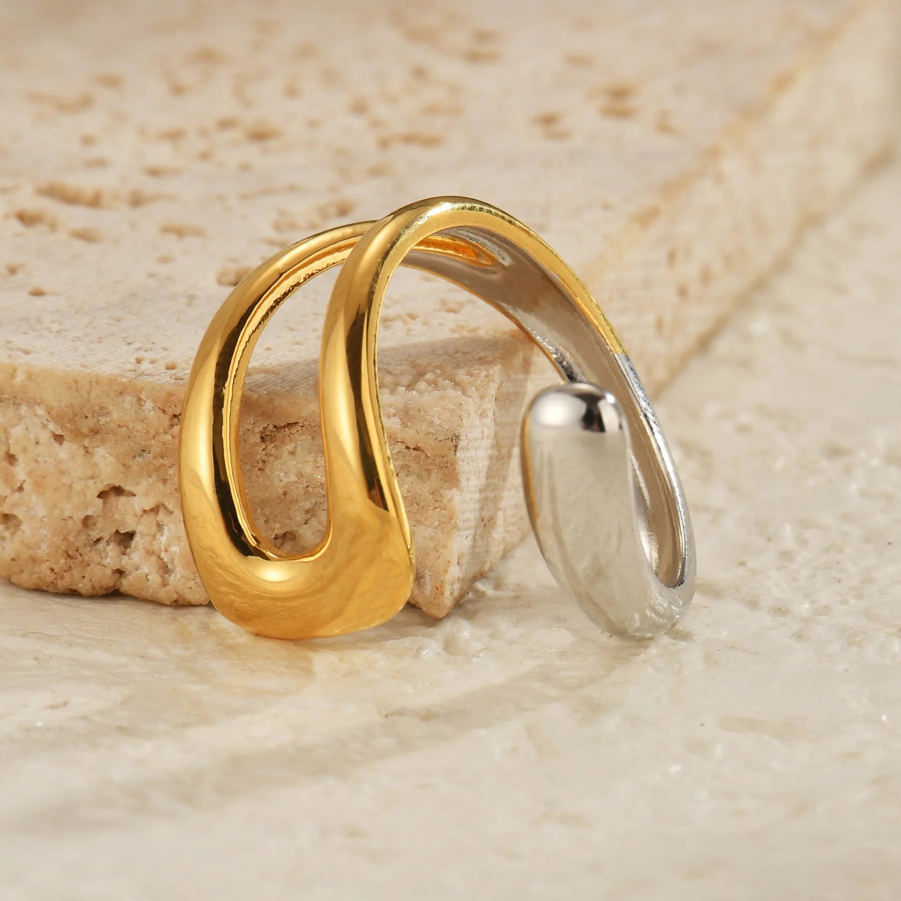 Seakissky Fashion Gold Silver Mixed Color Double-layer Open Ring Stainless Steel Unique High-quality Jewelry Gifts For Women Men