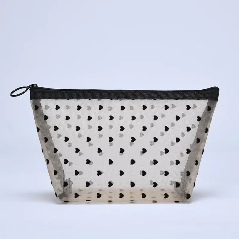 Nylon Mesh Cosmetic Bag Zipper Heart Shaped Toiletry Organizer Makeup Bags Multifunctional Women Lipstick Key Coin Purse Pouch