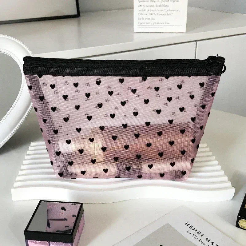 Nylon Mesh Cosmetic Bag Zipper Heart Shaped Toiletry Organizer Makeup Bags Multifunctional Women Lipstick Key Coin Purse Pouch