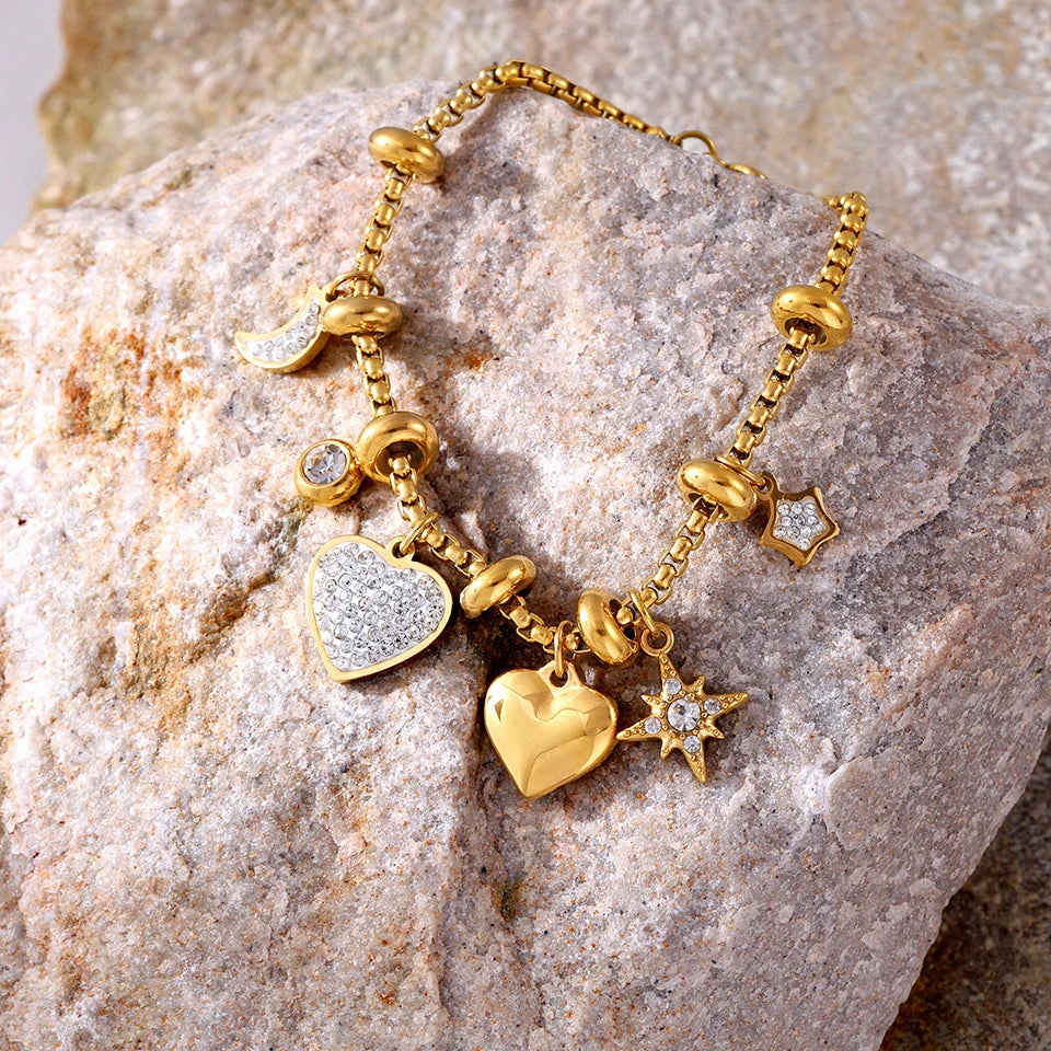 316L Stainless Steel Heart Charm Bracelets For Women 18k Gold Plated Various Pendants With Shining Zircon Women's Hand Bracelet