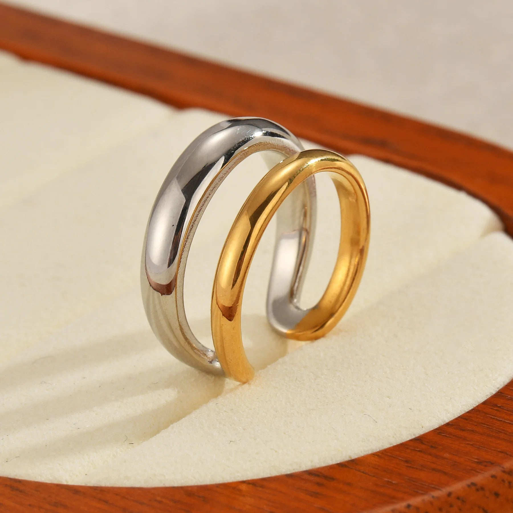 Seakissky Fashion Gold Silver Mixed Color Double-layer Open Ring Stainless Steel Unique High-quality Jewelry Gifts For Women Men