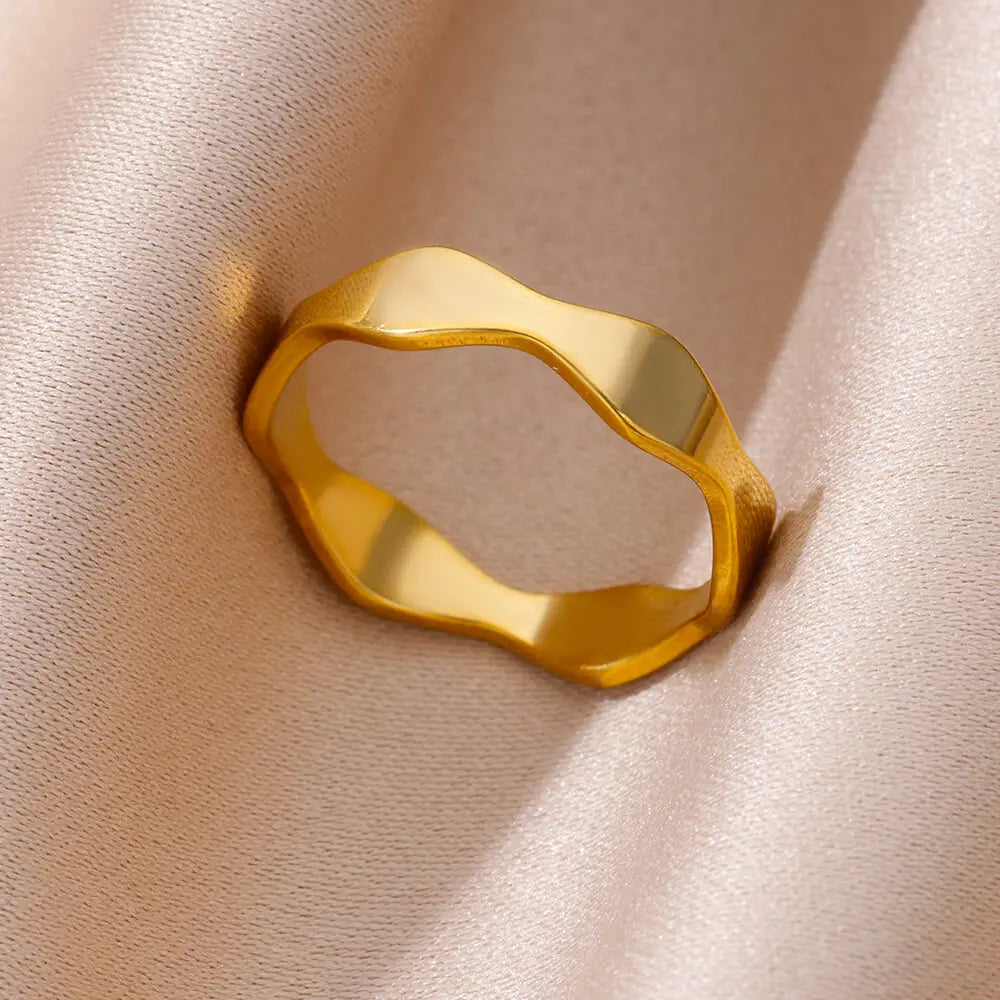 Minimalist wave Stainless Steel Rings For Women Gold plating Adjustable Finger Rings 2025 New Trends Jewelry Accessories