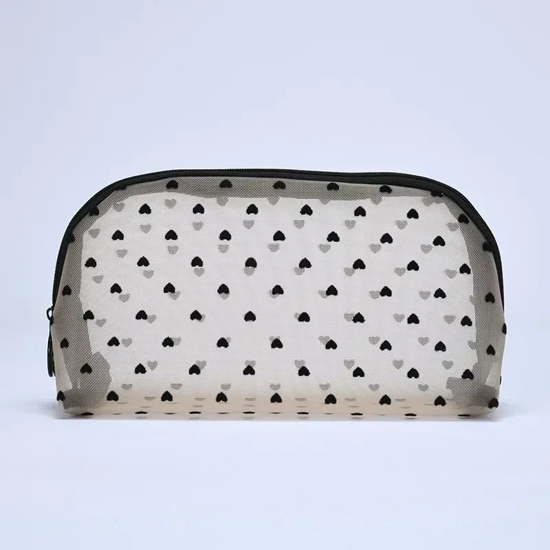 Nylon Mesh Cosmetic Bag Zipper Heart Shaped Toiletry Organizer Makeup Bags Multifunctional Women Lipstick Key Coin Purse Pouch