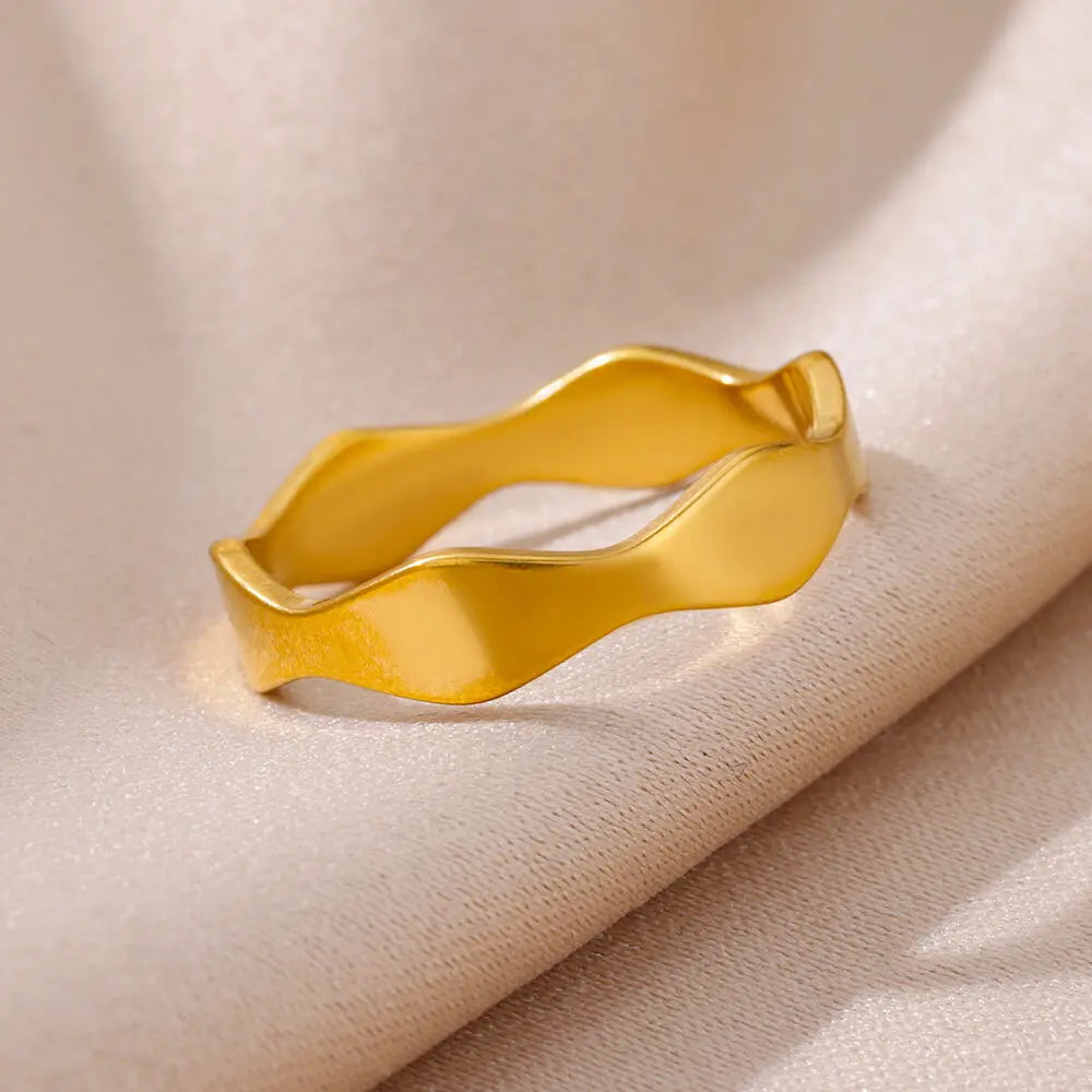 Minimalist wave Stainless Steel Rings For Women Gold plating Adjustable Finger Rings 2025 New Trends Jewelry Accessories