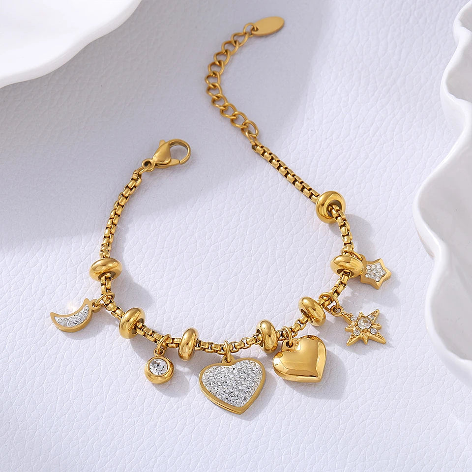 316L Stainless Steel Heart Charm Bracelets For Women 18k Gold Plated Various Pendants With Shining Zircon Women's Hand Bracelet