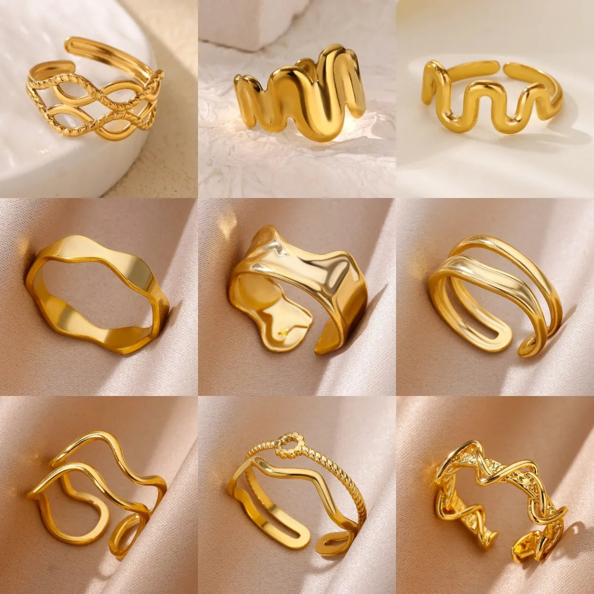 Minimalist wave Stainless Steel Rings For Women Gold plating Adjustable Finger Rings 2025 New Trends Jewelry Accessories