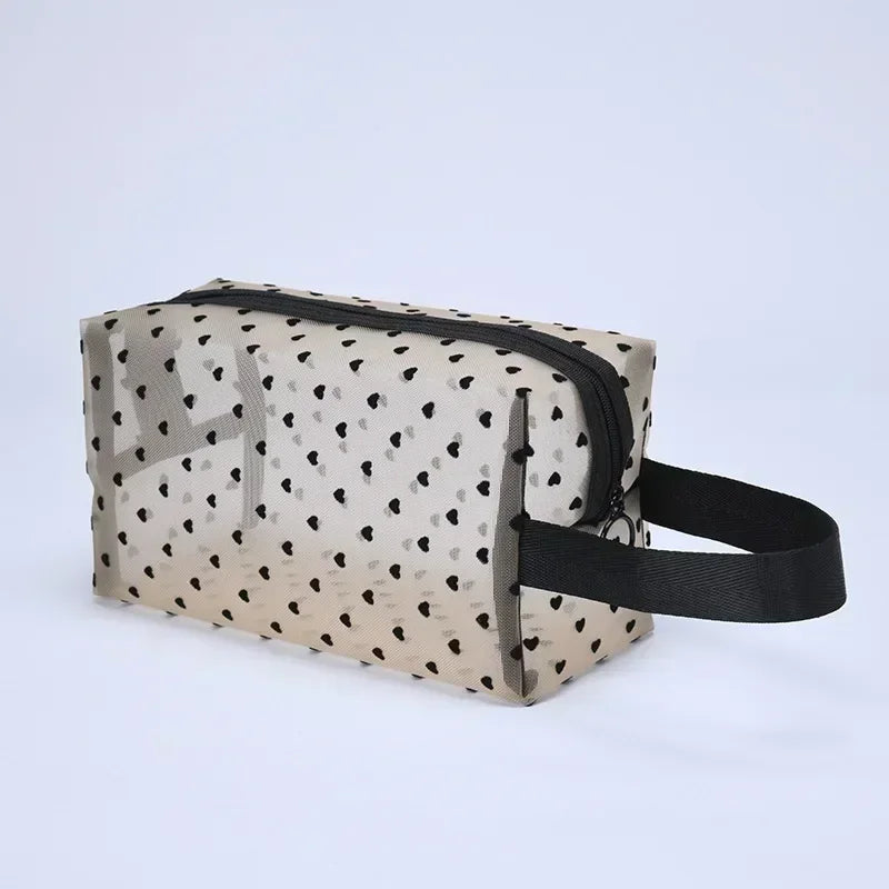 Nylon Mesh Cosmetic Bag Zipper Heart Shaped Toiletry Organizer Makeup Bags Multifunctional Women Lipstick Key Coin Purse Pouch