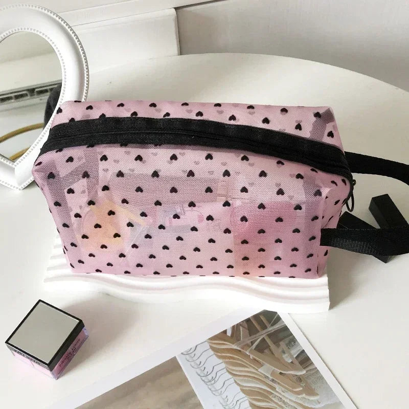 Nylon Mesh Cosmetic Bag Zipper Heart Shaped Toiletry Organizer Makeup Bags Multifunctional Women Lipstick Key Coin Purse Pouch