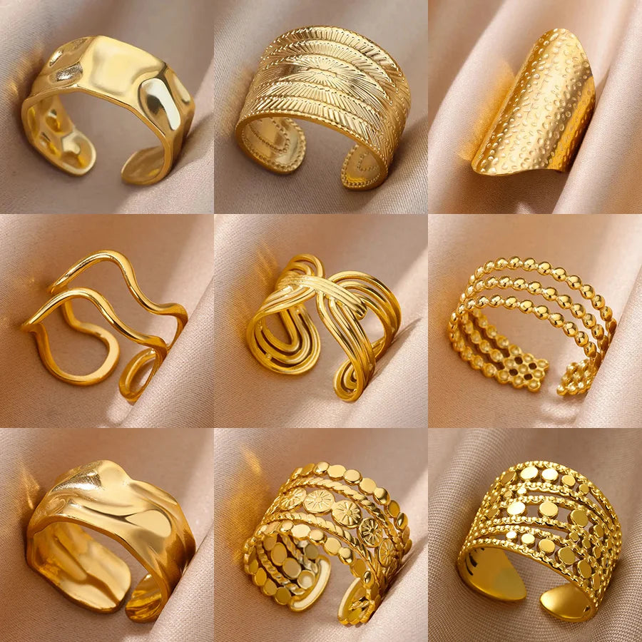 Stainless Steel Chunky Wide Rings For Women Vintage Gold Color Geometric Open Finger Ring Fashion Minimalist Jewelry Gift Femme