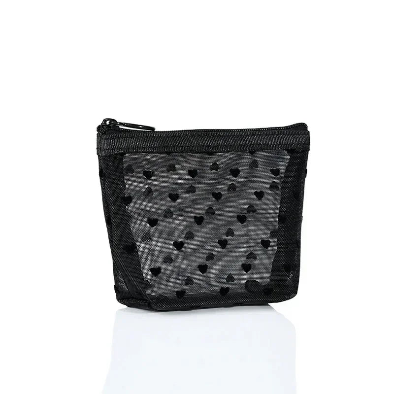 Nylon Mesh Cosmetic Bag Zipper Heart Shaped Toiletry Organizer Makeup Bags Multifunctional Women Lipstick Key Coin Purse Pouch