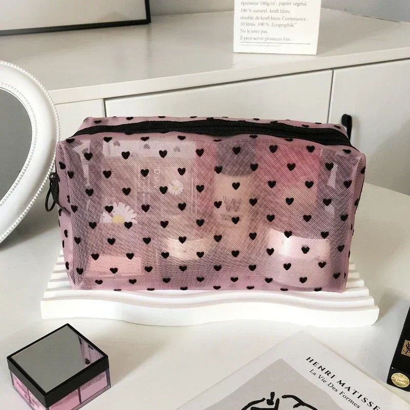 Nylon Mesh Cosmetic Bag Zipper Heart Shaped Toiletry Organizer Makeup Bags Multifunctional Women Lipstick Key Coin Purse Pouch