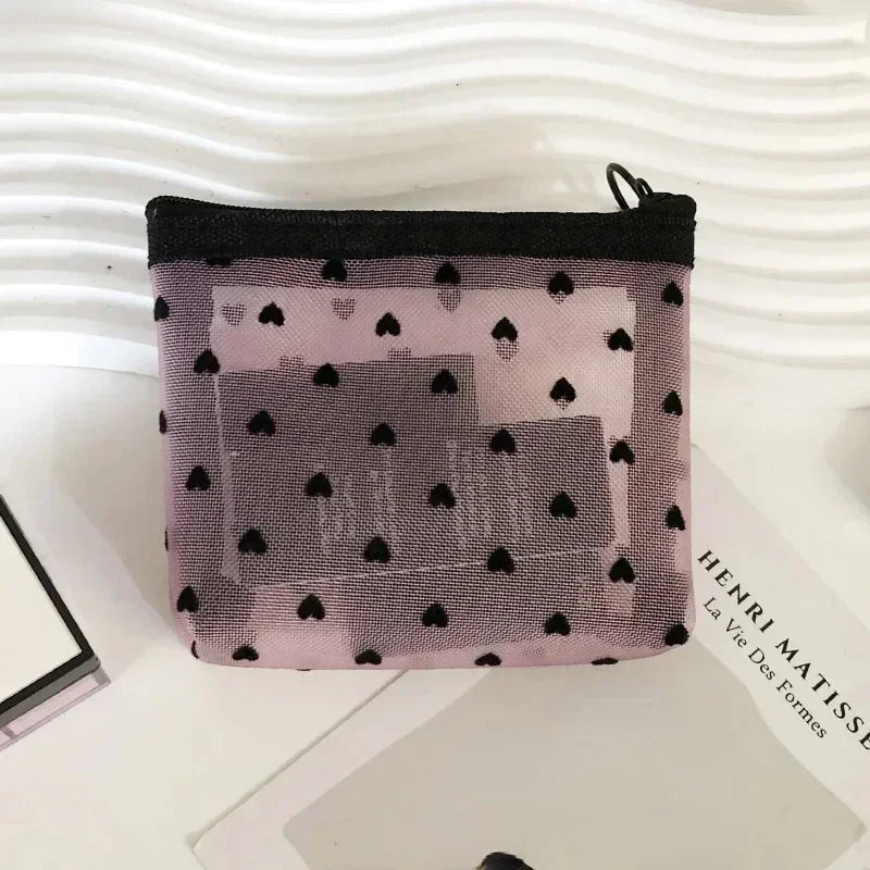 Nylon Mesh Cosmetic Bag Zipper Heart Shaped Toiletry Organizer Makeup Bags Multifunctional Women Lipstick Key Coin Purse Pouch