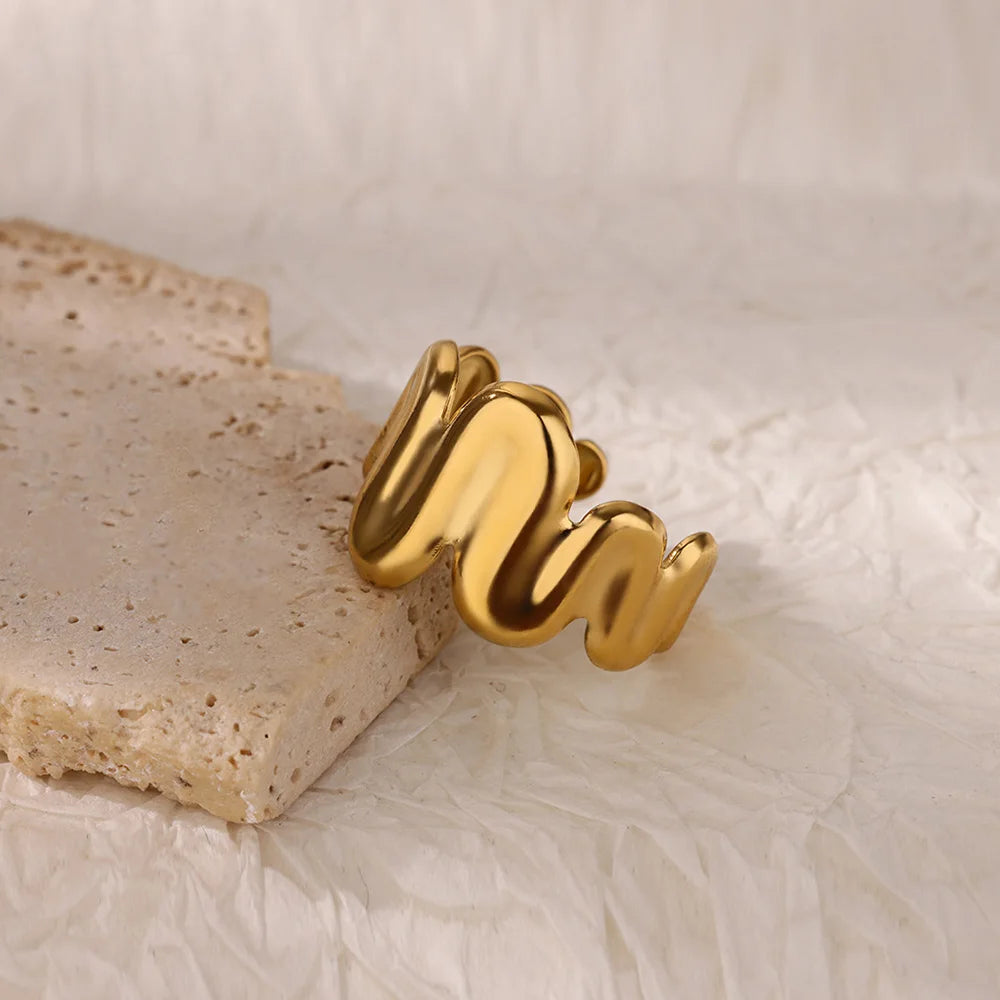 Minimalist wave Stainless Steel Rings For Women Gold plating Adjustable Finger Rings 2025 New Trends Jewelry Accessories