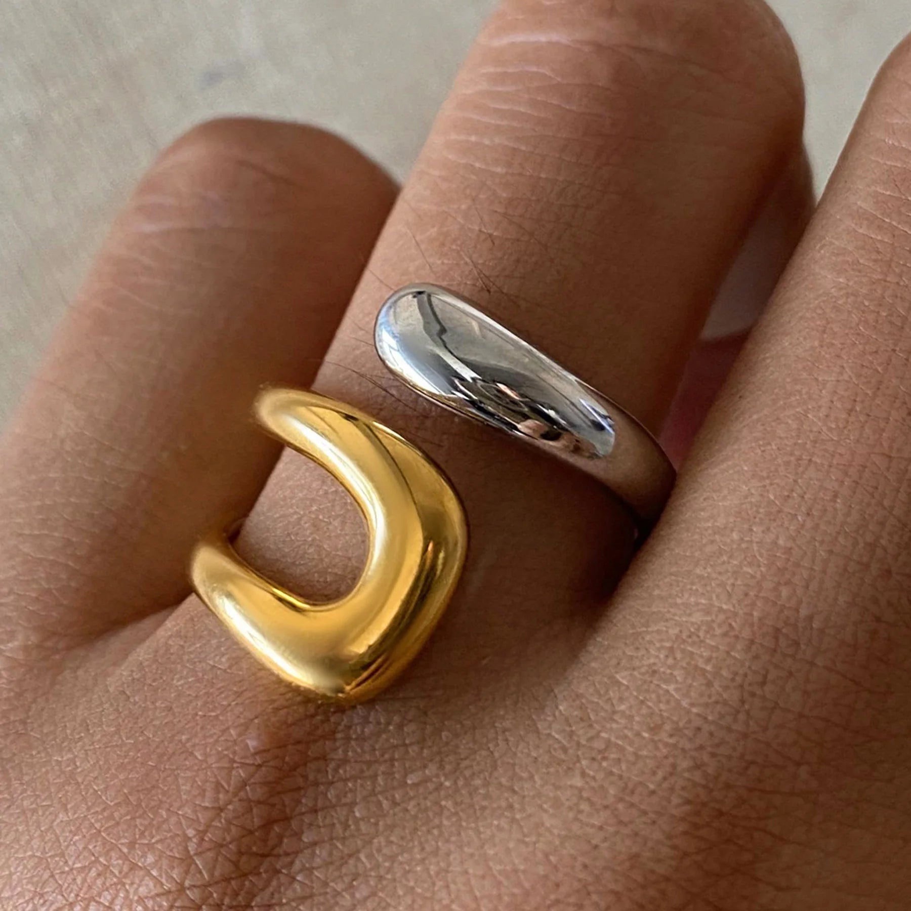 Seakissky Fashion Gold Silver Mixed Color Double-layer Open Ring Stainless Steel Unique High-quality Jewelry Gifts For Women Men