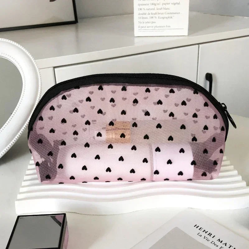 Nylon Mesh Cosmetic Bag Zipper Heart Shaped Toiletry Organizer Makeup Bags Multifunctional Women Lipstick Key Coin Purse Pouch