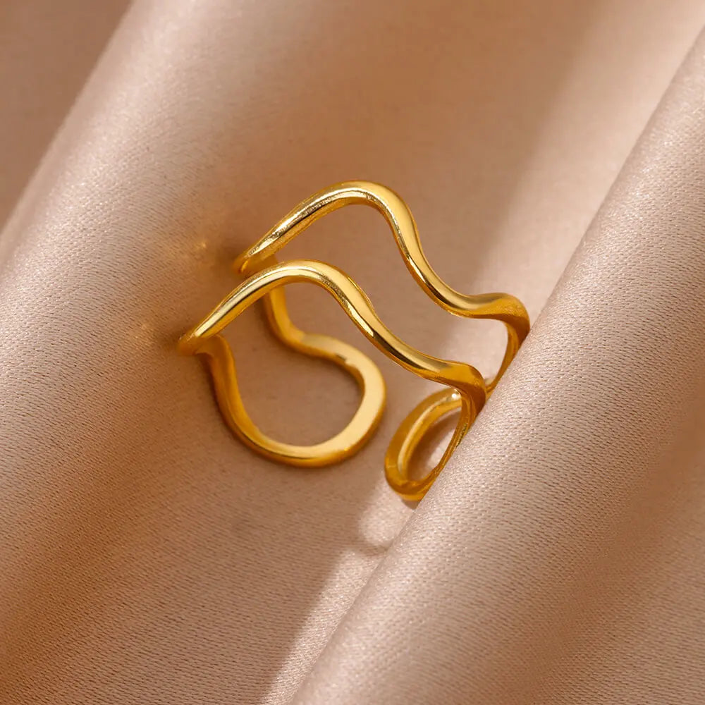 Minimalist wave Stainless Steel Rings For Women Gold plating Adjustable Finger Rings 2025 New Trends Jewelry Accessories