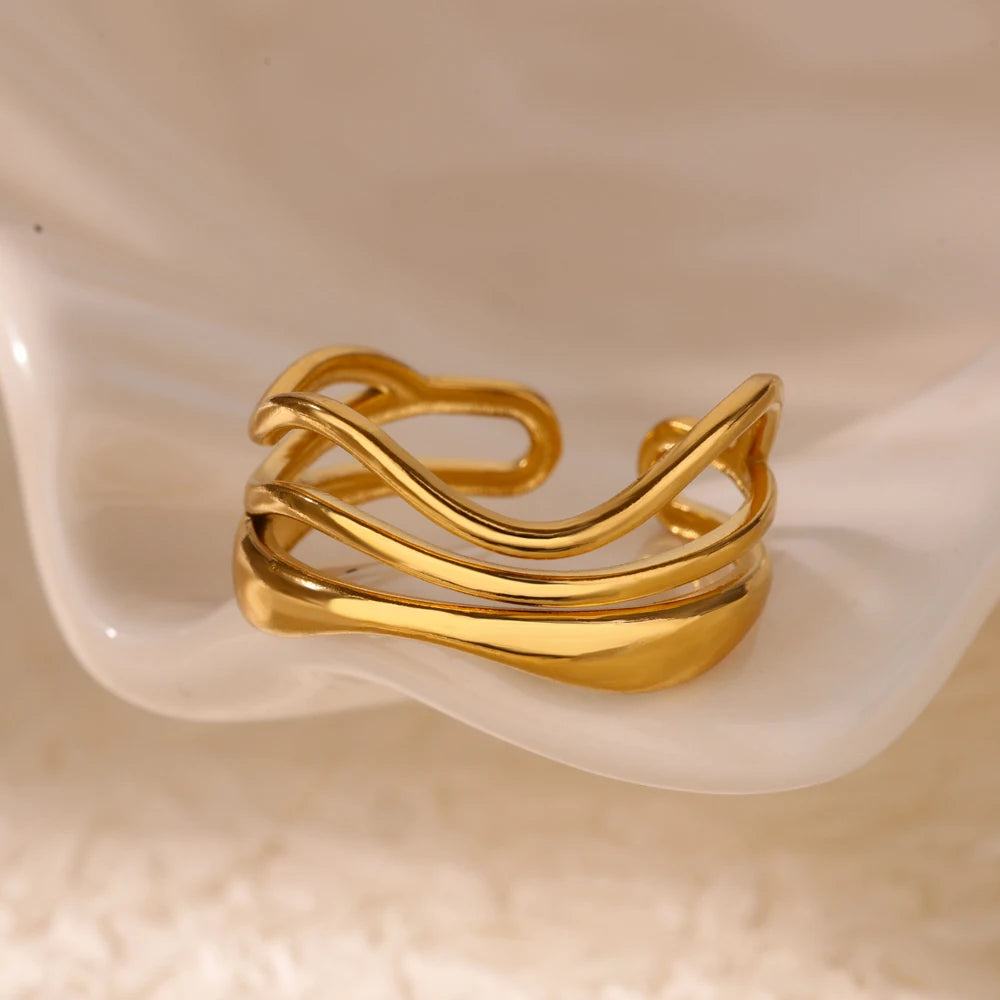 Minimalist wave Stainless Steel Rings For Women Gold plating Adjustable Finger Rings 2025 New Trends Jewelry Accessories