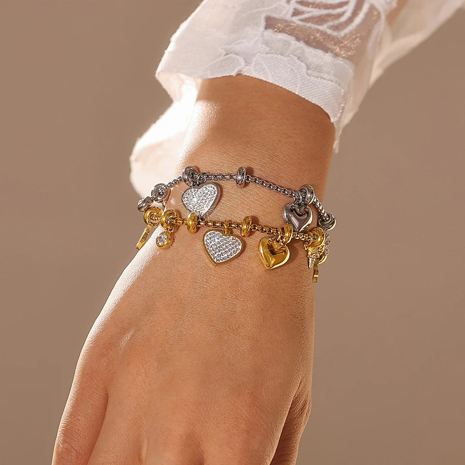 316L Stainless Steel Heart Charm Bracelets For Women 18k Gold Plated Various Pendants With Shining Zircon Women's Hand Bracelet