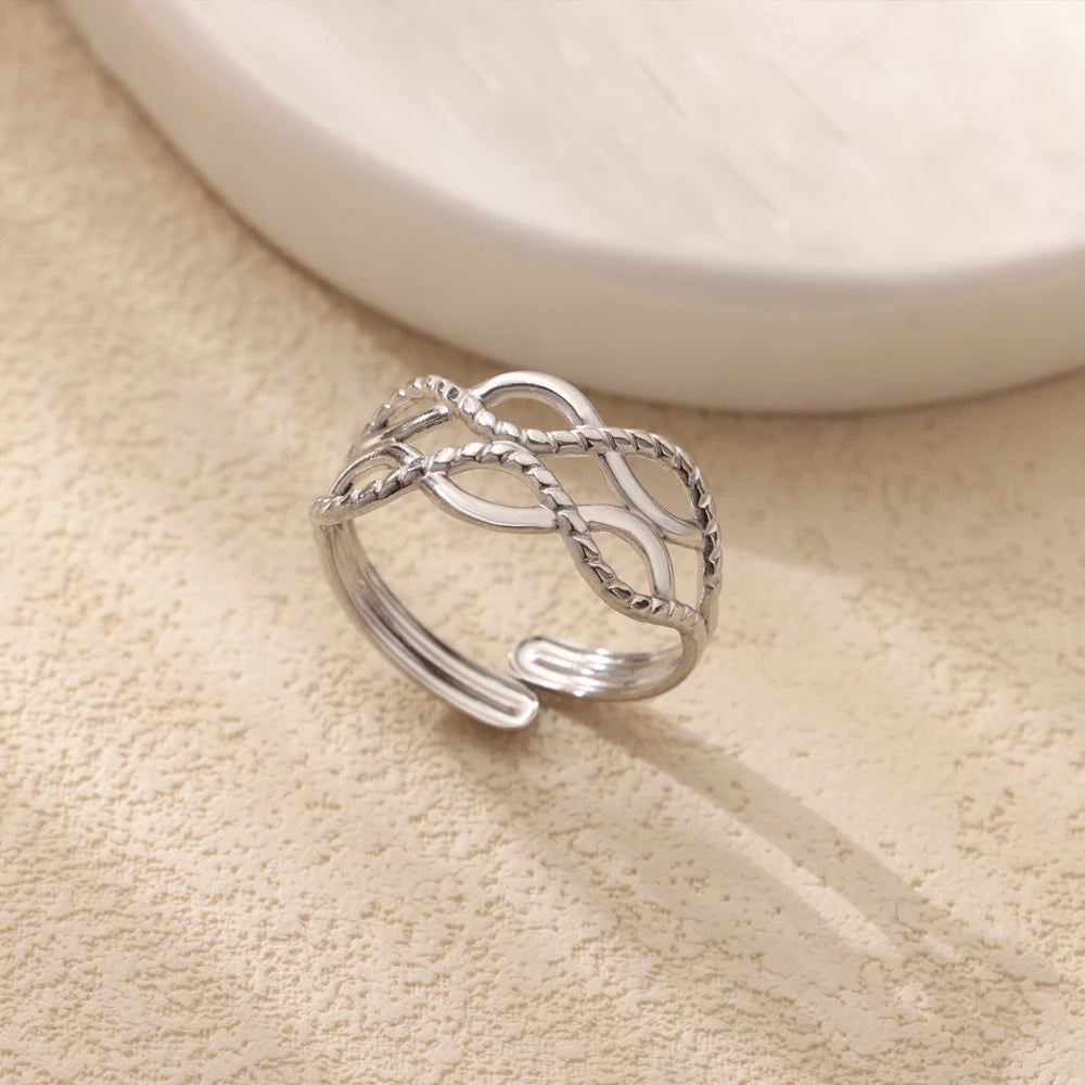 Minimalist wave Stainless Steel Rings For Women Gold plating Adjustable Finger Rings 2025 New Trends Jewelry Accessories
