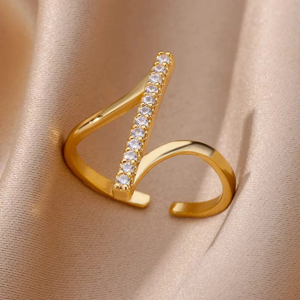 Stainless Steel Zircon Geometric Rings For Women Luxury Evil Eye Gold Color Adjustable Trendy Wedding Aesthetic Jewerly Gift