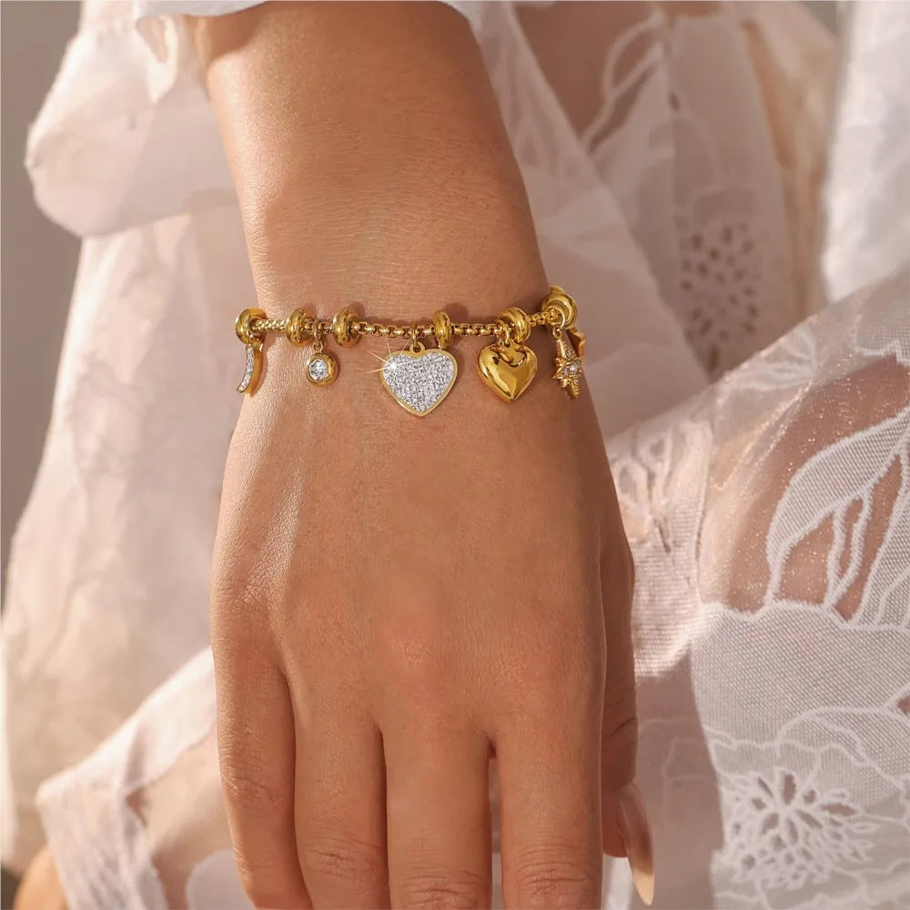 316L Stainless Steel Heart Charm Bracelets For Women 18k Gold Plated Various Pendants With Shining Zircon Women's Hand Bracelet
