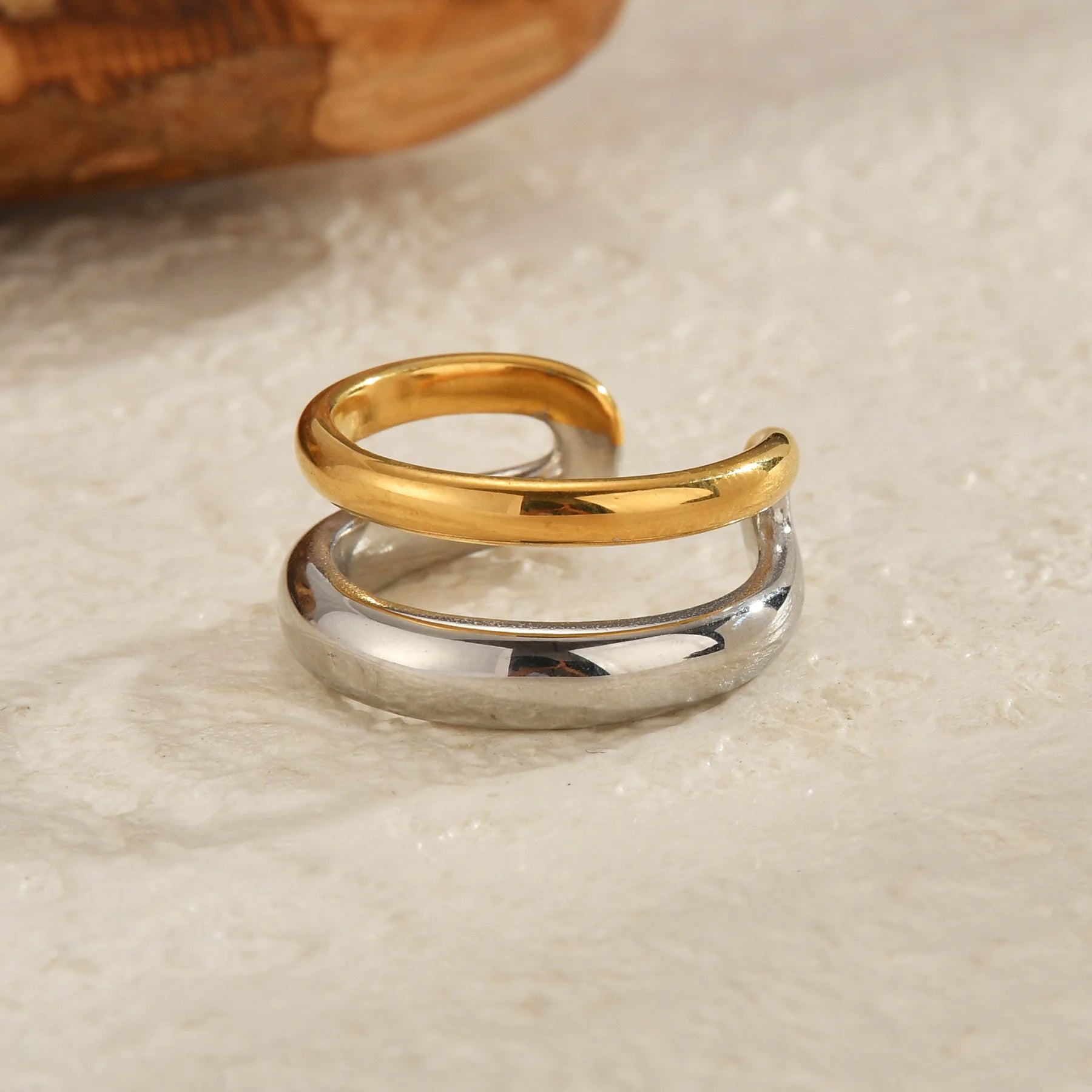Seakissky Fashion Gold Silver Mixed Color Double-layer Open Ring Stainless Steel Unique High-quality Jewelry Gifts For Women Men
